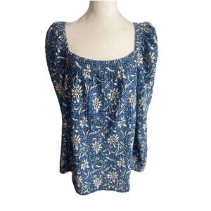 Loft Womens Blouse Blue XL Stretch Neckline Long Sleeve Textured Floral Smocked